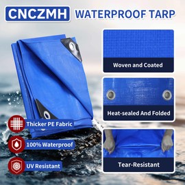 CNCZMH Heavy Duty Tarp Waterproof, 16 Mil Thick Finished Size Tarps Outdoor, Multipurpose Tarpaulin Cover, Large Tarp for Emergency Rain Shelter Camping (Blue, 18x24ft)