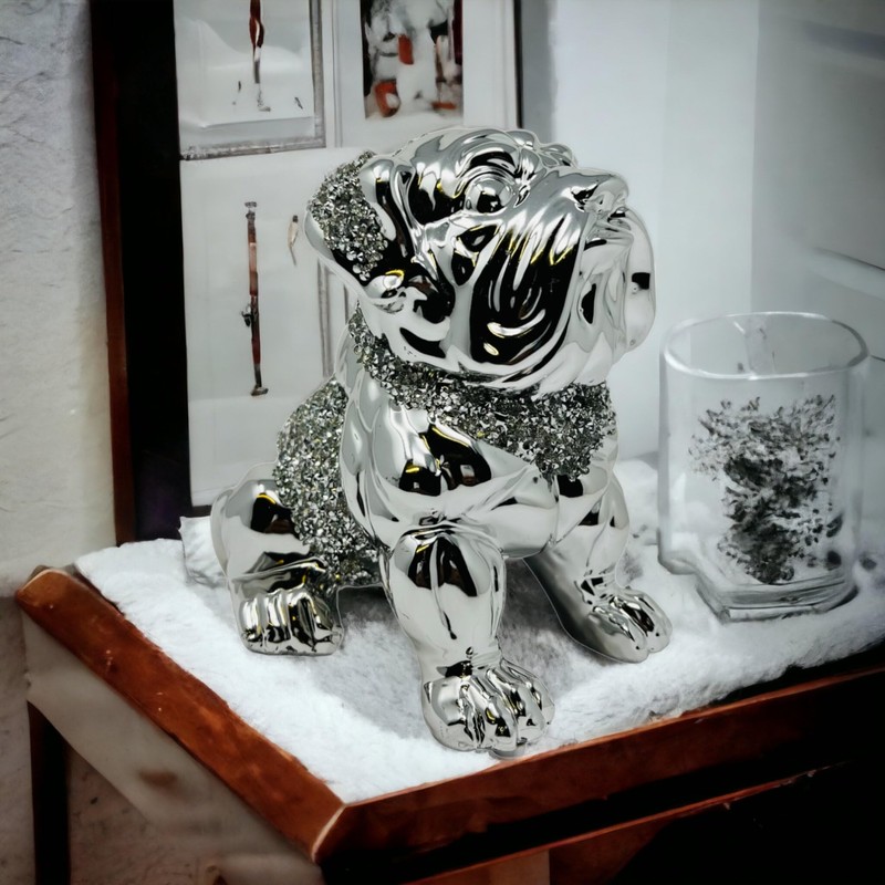LondonMart Crushed Diamond Silver Bull Dog Ceramic Sparkly Crowned Puppy