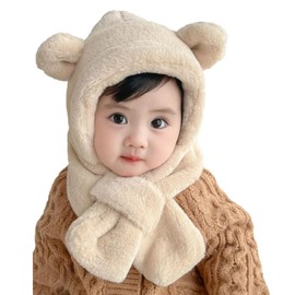 Sunyhom Baby Hat, Scarf, Winter, Boys, Girls, Bear, Baby Cap, 2 in 1, Neck Warmer, Cold Protection, Ear Protection, Easy to Put on and Take Off, Play in the Snow, beige