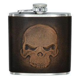 Hip Flask Skull Biker Flask 6 oz Stainless Steel Real Leather Embossed Handmade Antique Patina Motorcyclist Motorcycle Heavy Metal Pocket Flask Bottle Colour: Brown