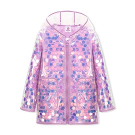 WELAKEN Girls Sequin Raincoat Waterproof Reusable Hooded Outwear Rain Jacket with Lining,purple,8Y
