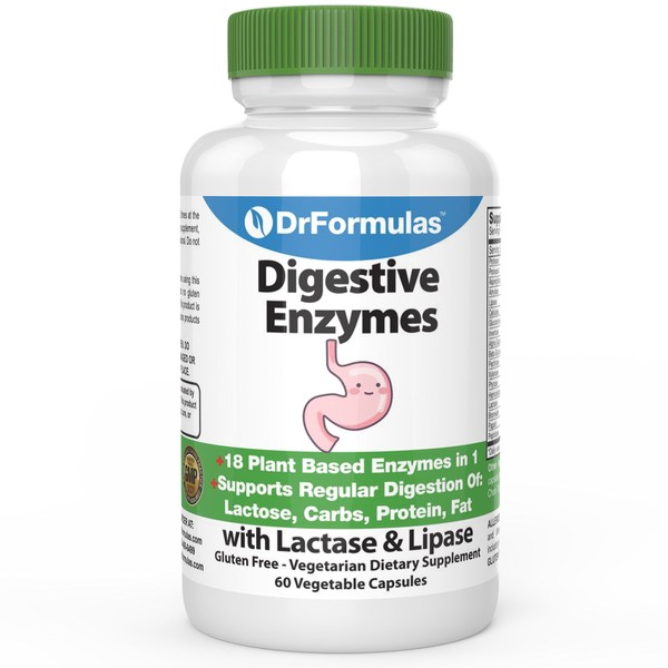 DrFormulas Digestive Enzymes for Bloating Relief, Gas, Lactose Intolerance, Digestion Support with Lactase, Amylase, Lipase, Bromelain, Protease, 60 Capsules