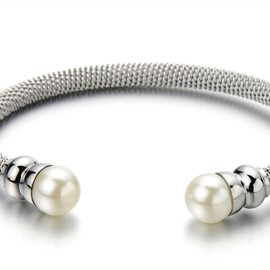 COOLSTEELANDBEYOND Classic Ladies Stainless Steel Bangle Bracelet with Synthetic White Pearl