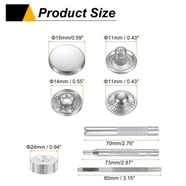 sourcing map 24Set Leather Snaps Fasteners Kit 15mm Dia Brass Press-Stud Cap Button 2.76" Length Metal Snap Buttons with 4 Install Tools for Coat Bag Leather Marine Boats Canvas, Silver