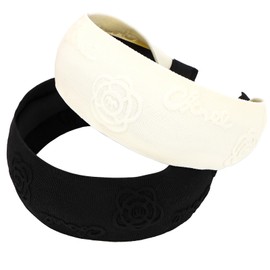 Padorul 2 Pack Camellia Embossed Headbands for Women's Hair - Non - Slip Stretch Knit Hair Accessories for Daily, Styling (Black White)