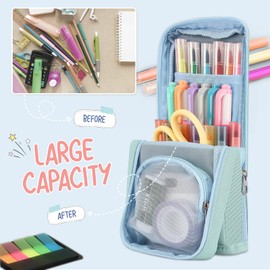 Housolution Housolution Standing Pencil Case Large Capacity Pen Bag, Multi-Layer Pen Pouch Pencil Holder Stationery Organizer, Polyester Pencil Bag Storage Box Desk Organizer, Light Blue