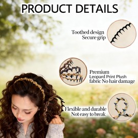 3PCS Retro High Skull Headband, Zigzag Headbands for Women, Wedding Party Elegant Reversible Headband with Teeth High Cranium Headbands (Leopard)