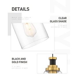 zeyu Modern Hanging Pendant Lights 2 Pack, Kitchen Pendant Lighting with Clear Glass Shade, Black and Gold Finish, ZG33M1L-2 BK+BG