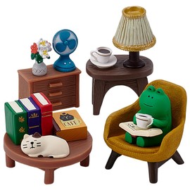 PLIGREAT Miniature Frog Figurines Statue 9 Styles Mini Desk Figurines Set Sleeping Cat Yellow Sofa Blue Fan Flower Vase Figure Garden Desktop Decor for Bedroom Office Birthday Party Home Desk Gift