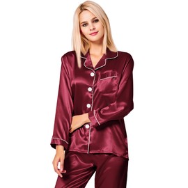 SWOMOG Satin Women's Pyjamas with Button Placket, Long Sleeve Sleepwear, Pyjamas Set, Two Piece Sleepwear Leisure Suit, darkred