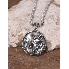 HAQUIL Wolf Necklace, Stainless Steel Wild Wolf in Jungle Totem Animal Pendant, Box Chain, Wolf Jewelry Gift