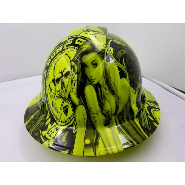 Wet Works Imaging Customized Pyramex Full Brim Green Bad Bones Hard Hat with Ratcheting Suspension