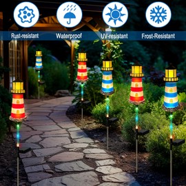 Hokfirm 2 Pack Lighthouse Solar Lights,7 Light Color Changes,IP65 Waterproof Solar Pathway Lights for Garden,Lawn,Outdoor Lighthouse Decor (2)