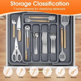 SpaceHacks Silverware Organizer，Adjustable & Expandable Utensil Drawer Organizer, BPA Free Utensil Holder, Cutlery Tray for Forks, Spoons, Knives in Kitchen, Medium, Grey