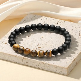 6 Months Sober Anniversary AA Recovery Gifts, Daily Reminder Tiger Eye Black Beads Bracelet Sobriety Gifts for Men, Half A Year Clean&&Sober Gifts for Him, Sober Men Birthday Christmas Gifts