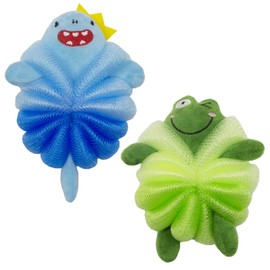 2 Pcs Bath Loofahs for Kids, Cute Cartoon Shower Puff Bath Sponges Loofah Kids Shower Washing Exfoliating Mesh Sponges for Children Shower (Frog+Shark)