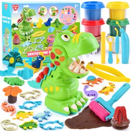 PLAY Dinosaur Clay Sets for Ages Kids 4-8 - Color Dough Toys with Dentist Play Set, 15 Dough Tool Set with Volcano, Dinosaur Footprint Roller and Tree, 2 oz Cans/6 Total, Multicolor