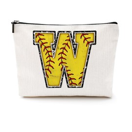 CQM Softball Gifts Initial Makeup Bag Monogrammed Cosmetic Bag Yellow Letter W Zipper Pouch Softball Accessories for Girls Women Player Coaches Friend Graduation Birthday Gifts