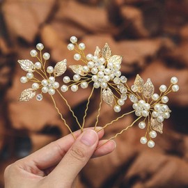 Ushiny Pearl Bride Wedding Hair Pins Hair Clips Leaf Headpiece Bridal Hair Accessories for Women and Girls (Gold)