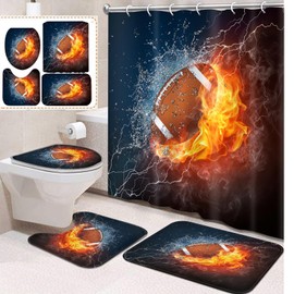 Ssddyes Shower Curtain Set 4 Pcs Bath Curtain and Rugs, American Football Water Fire Sport Game, Bathroom Decor USA Rugby Ball Themed Thunder Flame Burning Lightning Bathing Set with 12 Hooks