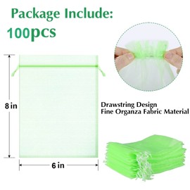 Kikhope 100 Pcs Fruit Protection Bags, 8''×6'' Garden Fruit Cover Mesh Bag, Fruit Netting Bags with Drawstring for Fruit Trees to Protect Fruit from Birds and Insect, Green
