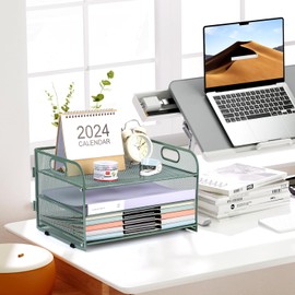 3-Tier Letter Tray Paper Organizer with Handle,Compact Mesh Desk File Organizer for Home Office Supplies Desktop Accessories,Green