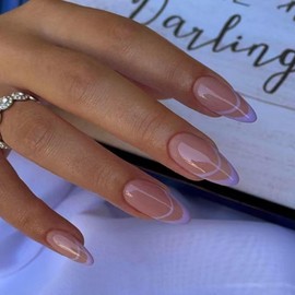 Purple French Tip Press on nails Nude Fake Nials Stiletto False Nails Purple Line Glue on nails Glossy Artificial Acrylic Nial Full Cover Medium Almond Stick on Nials for Women Manicure 24Pcs