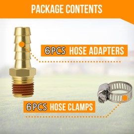 SUNGATOR 6-Pack Air Hose Fittings, 1/4" NPT to 3/8" Barb, Male Threaded End Fitting, Brass Air Tool Hose Barb Pipe Line Fittings Connectors with Sealant, 6 Pcs Hose Clamps