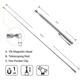EWK 2 Pcs Stainless Telescoping Magnetic Pick-Up Tool with Pocket Pen Clip, Extendable to 25.2" Length, Magnet Retrieval Gadget Tool with Telescopic Stick Gifts for Father, Men, Craft Enthusiasts