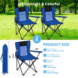 Shellwei 2 PCS Folding Camping Chair with Cupholder and Carry Bag Regular Size Colorful Breathable Portable Lightweight Lawn Chair with Side Pocket for Fishing Hiking Beach Outdoor Activity(Blue)