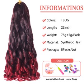 8Packs French Curly Braiding Hair 22 Inch Loose Wave Curly Braiding Hair Extensions Crochet Hair Synthetic Hair Extensions for Braiding Pre Stretched Braiding Hair(TBUG)