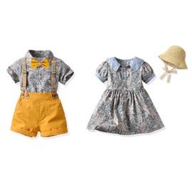 FAXSON Summer Brother and Sister Matching Outfits Toddler Boys Gentleman Suits Infant Girls Dresses(Grey-boy,120/5T)