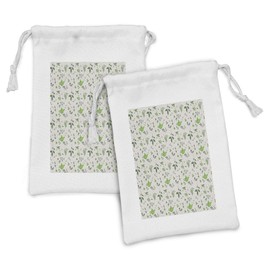 Ambesonne Jasmine Fabric Pouch Set of 2, Exotic Herbal Tea Concept Green Tea and Jasmine Leaves, Small Drawstring Bag for Toiletries Masks and Favors, 9" x 6", Sage Green Lime Green