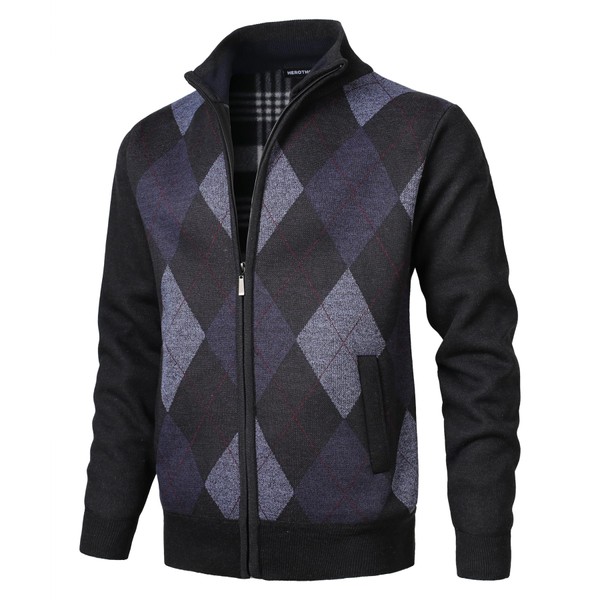 Herothorn Men's Argyle Cardigan, Stand-Up Collar, Fine Strike Lined Jumper,