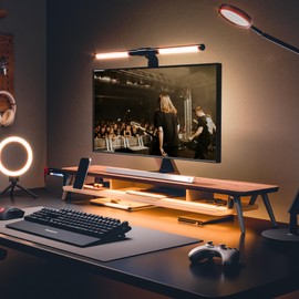 Fenge Dual Monitor Stand for Desk, 2 Tiers Monitor Riser with Acrylic Shelf & App Control LED Lights, 42.5 Inch Wood and Aluminum Desk Shelf with Phone and Tablet Holder