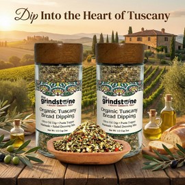 The Grindstone, Organic Tuscany bread dipping mix, perfect seasoning spice with extra virgin olive oil, bread, pasta topper, 2 oz. glass bottle with sifter, Pack of 2