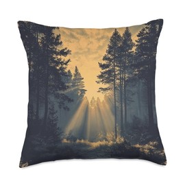 Forest With Sunbeams Vintage Landscape Graphic Throw Pillow