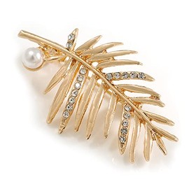 Gold Tone Crystal Palm Leaf Brooch - 45mm Long