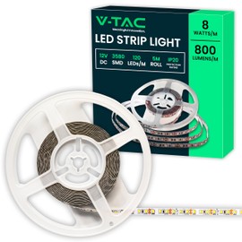 V-TAC Striscia Led da Interno 8W - [ 5 METRI ] - Striscia LED ADESIVA per Casa, Cucina, Camera, Ambienti, Sotto i Mobili - SMD 3528 - Nastro LED Luminosità 800 Lumen - 12V - Luce Naturale 4000K