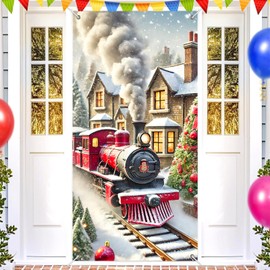 BlissYard Christmas Door Cover Decoration Santa Train in Snowy Village 35x71 Inches Front Door Banner Xmas Hanging Decor for Home Holiday Christmas Photo Backdrop Winter Festival Supplies