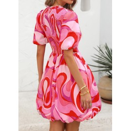 KIRUNDO Womens Summer Smocked Mini Dress 2025 Spring Puff Short Sleeve Boho Ruffle Crewneck Bubble A Line Short Dresses(Rose Red Flower, Small)