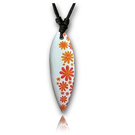 CHICNET Surfer Necklace, Cotton, Wood, Surfboard, Hand-Painted, Adjustable, Hand-Carved, Beach, Flower Orange