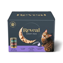 Reveal Natural Wet Cat Food, 24 Pack, Limited Ingredient, Grain Free Food for Cats, Variety Fish and Chicken of Broth Flavors, 2.47oz Cans