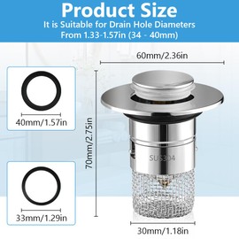 Ainiv 2 Pieces Sink Plug, 304 Stainless Steel Pop Up Drain Strainer, Sink Stopper for 34-40 mm Drain Drain Plug Sink with Hair Strainer, Drain Plug for Bathroom, Sink, Kitchen