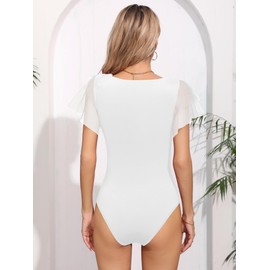 Missufe Women's Transparent Mesh Short Sleeve Bodycon Top Summer Body Bodysuit Tops, White