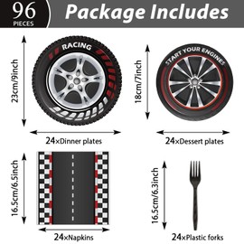 Race Car Party Tableware Set Racing Themed Table Decoration Tire Party Paper Plates and Napkins for Kids Racing Car Dinnerware for Sports Track Birthday Party Supplies Serve 24