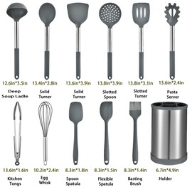 Keidason 12-Piece Non-stick Silicone Kitchen Utensils Set, Gray, BPA-Free, Heat-resistant, Stainless Steel Handle, Cooking Tool Mixing Kitchen Tool Set