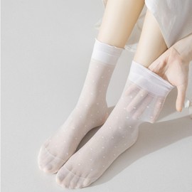 Aikeis 4 Pairs Women Transparent Ruffle Stockings Naked Stockings Summer Ultra Thin Cool Stockings Ladies Ruffle Polka Dot Socks (2 Black and 2 White), black/white