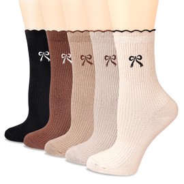 bropapa Womens Cotton Crew Socks Ankle Casual Knit Fashion Cotton Dress Sock Cute Socks Embroidery bow for Girls 5Pack
