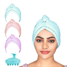 Microfiber Hair Towel for Women, 3 Packs Hair Turbans for Wet Hair with 1 Scalp Massager Shampoo Brush, Drying Hair Wrap Towels for all Hair Types, Ultra Soft and Absorbent (Blue, Purple, Pink)